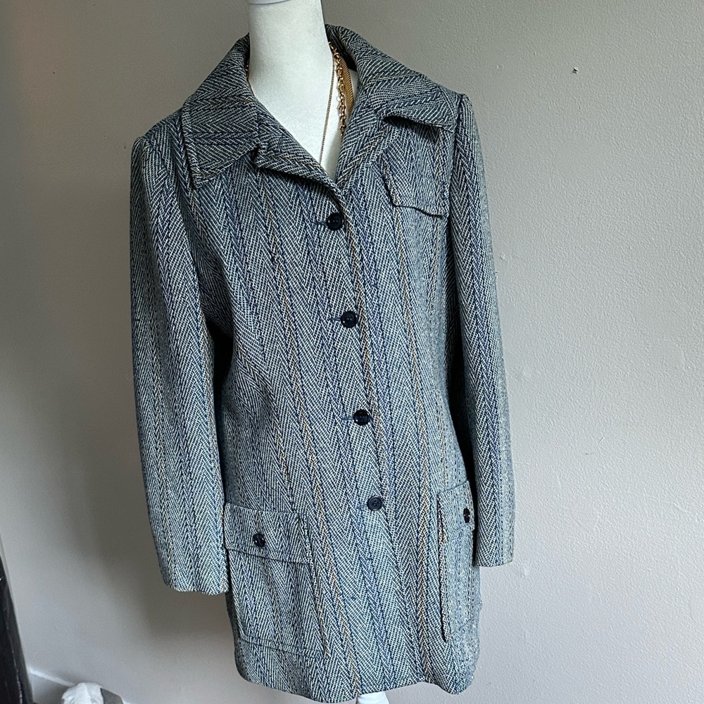Blue and white Tweed Women's Coat - Classic Long Jacket